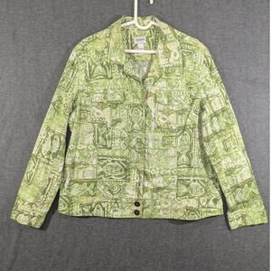 Chico's Womens Button Up‎ Jacket Green Geometric Tropical Print Size XL